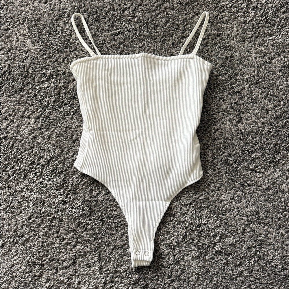 Good American Cream Ribbed Strap Bodysuit